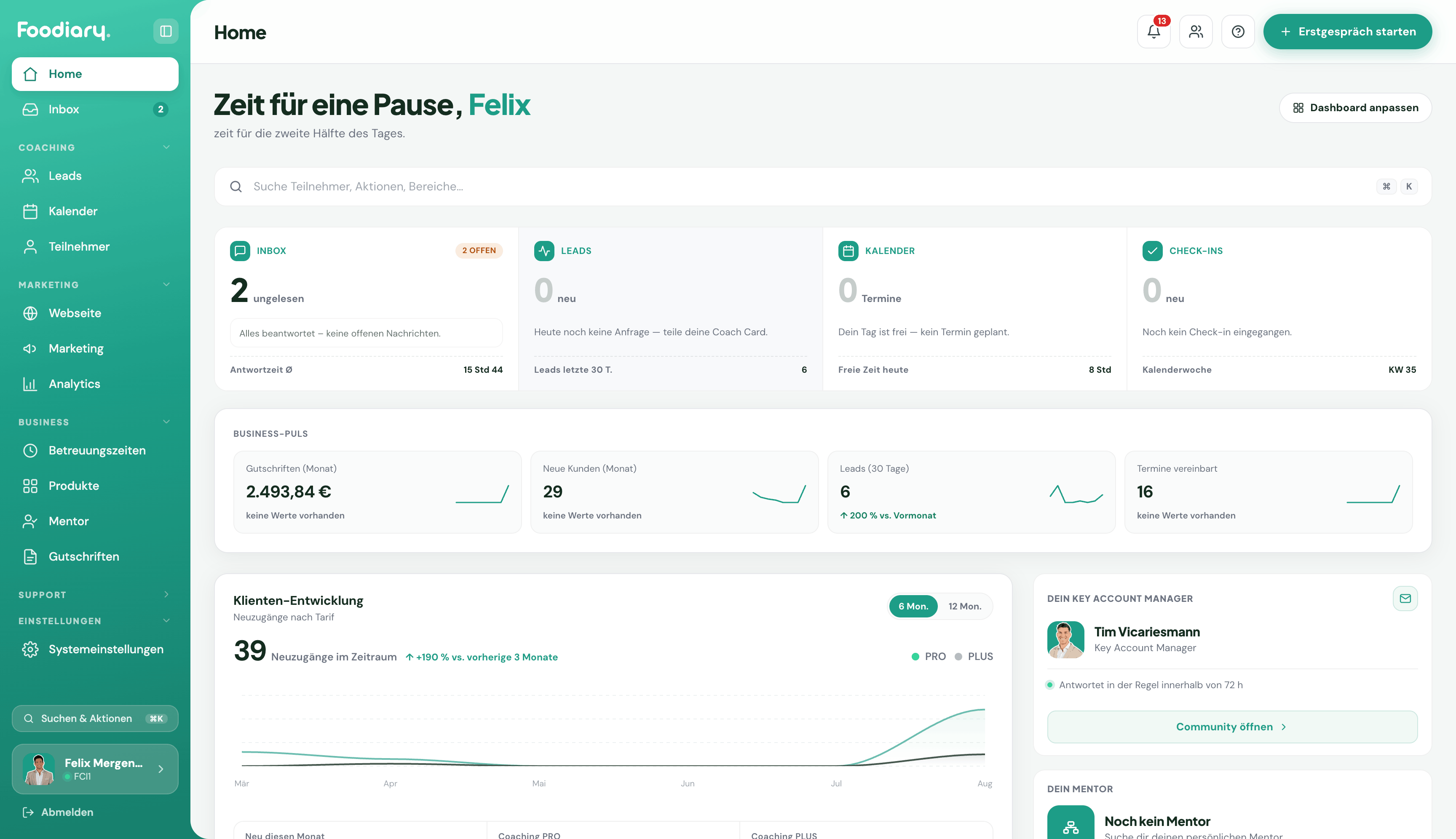 Coach-Dashboard Startseite